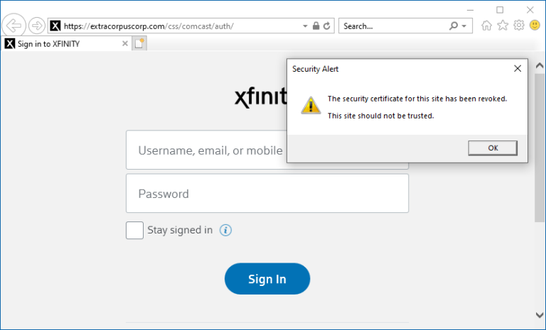 Açıkçası, URL Xfinity, Comcast veya herhangi bir ilgili markayı temsil etmiyor. Ancak bunun ötesinde, tarayıcı sitenin güvenlik sertifikasının iptal edildiğini gösteren büyük bir kırmızı bayrak sallıyor.