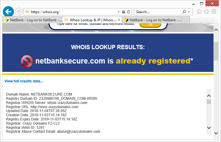 Bazen bakarak anlayamazsınız. Commonwealth Bank web sitesi, çevrimiçi bankacılık sistemi Netbank'ı çağırıyor. Netbank.com adresindeki yukarıda gösterilen güvenli sayfa   yasal görünüyor . Emin değilseniz, etki alanı için whois verilerine hızlı bir göz atmak karar vermenize yardımcı olabilir. Sanırım, gerçek Commonwealth Bank sitesinin, CrazyDomains.com ile hostingini park etmesi pek olası değil.